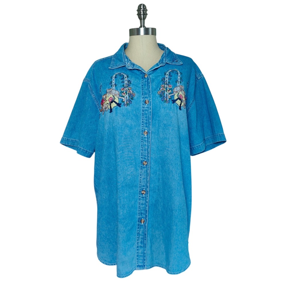 Vintage 90s Denim Cat Embroidered Button Down Shirt XL Blue Cotton Bobbie Brooks